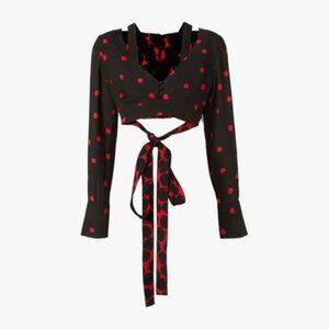 Proenza Schouler Long-sleeved Crop Top Sz  0 Back Bow Belt Black Red Polka Dot